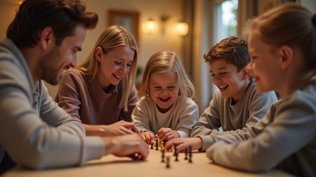 Ouders en kinderen spelen samen een bordspel thuis, echt moment van plezier