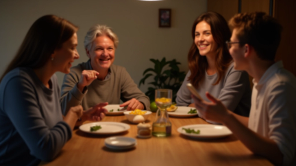 Familie aan eettafel zonder telefoons, etend en pratend met volle aandacht