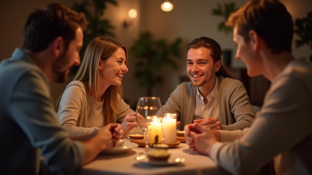 Familie zittend aan eettafel zonder apparaten, pratend en lachend samen