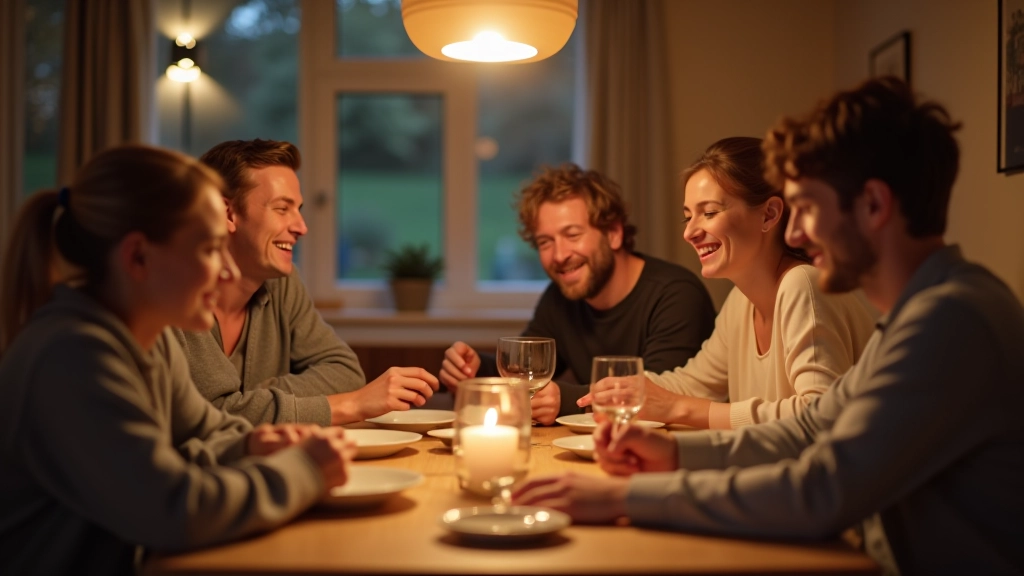 Familie zittend aan eettafel zonder apparaten, pratend en lachend samen