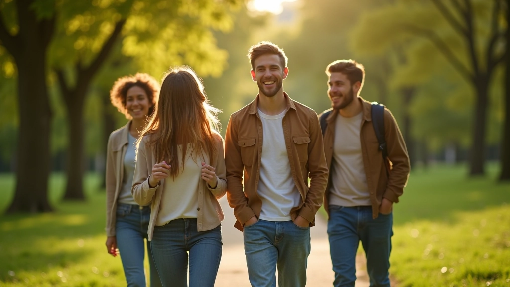 Groep vrienden samen wandelen in park, sociale offline activiteit buiten