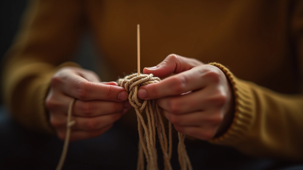 Handen aan het werk met breipennen en wol, creatieve handwerk activiteit, warme verlichting