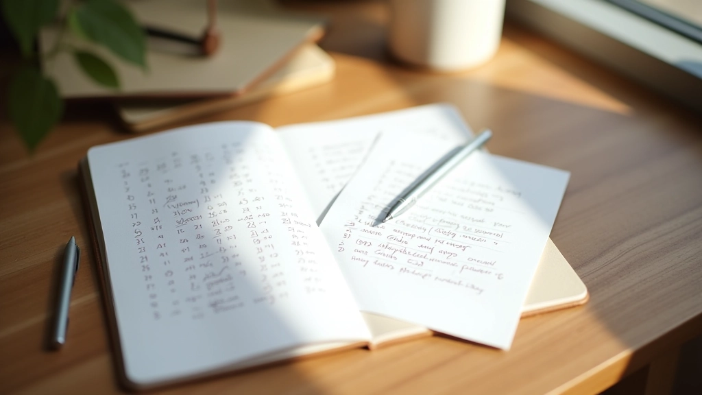 Notebook met handgeschreven schermtijd-aantekeningen en pen ernaast op houten bureau