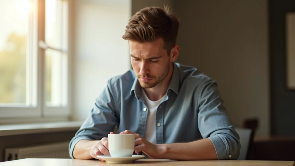 Vermoeide persoon met kopje koffie, ziet er uitgeput uit, werkplek of thuis