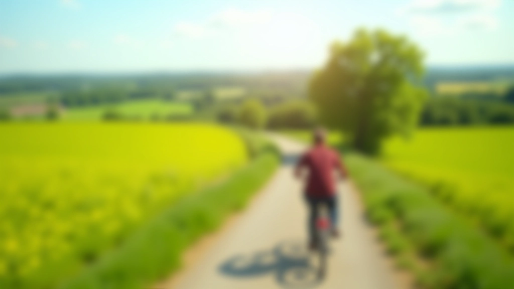 Persoon fietst op landelijk pad tussen groene weiden, zonnig weer