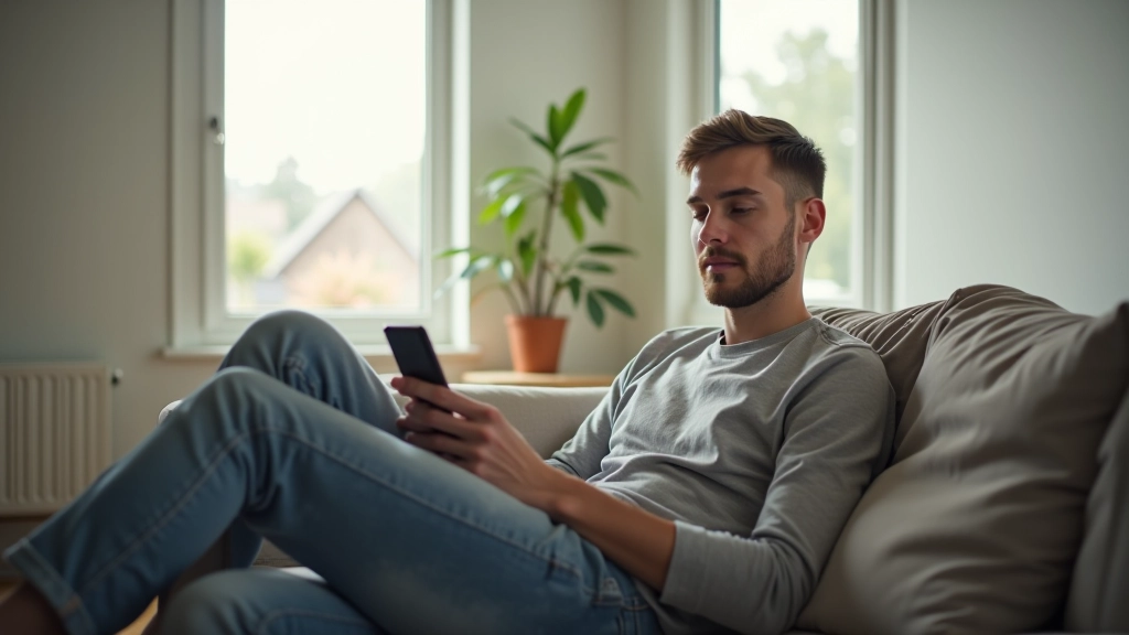 Persoon zittend op bank zonder telefoon, rustig moment thuis met natuurlijk licht