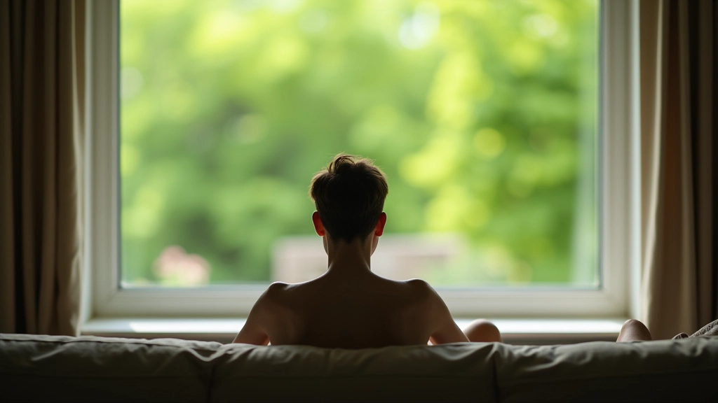 Persoon zittend op bank zonder telefoon, kijkend uit raam naar groene tuin