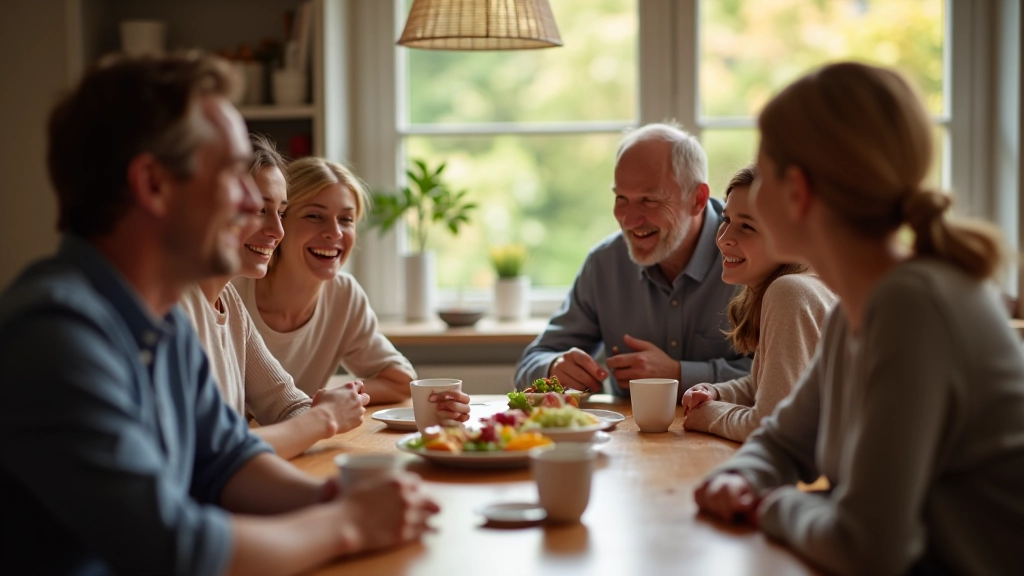 Een Nederlands gezin samen aan tafel zonder apparaten, betrokken en gelukkig
