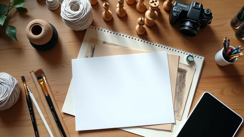 Verschillende hobby's en offline activiteiten materialen op houten tafel, creatieve setting