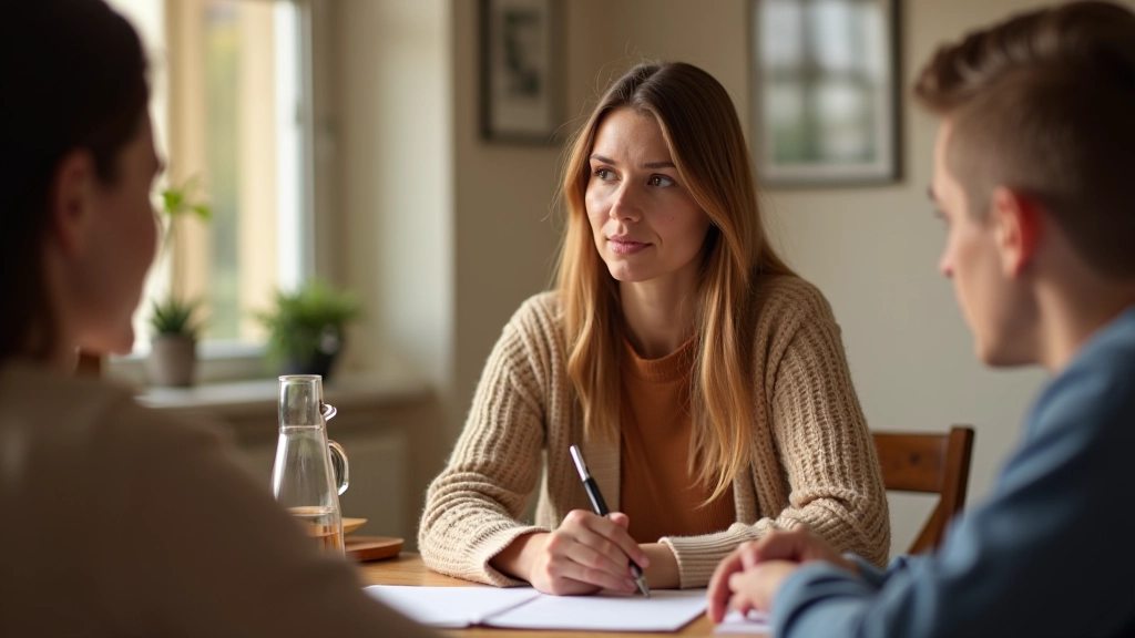Marjolein van der Berg die met een gezin aan een tafel werkt met aantekeningen en notitieblokken, warm licht in een huiskamer, betrokken en ondersteunend moment