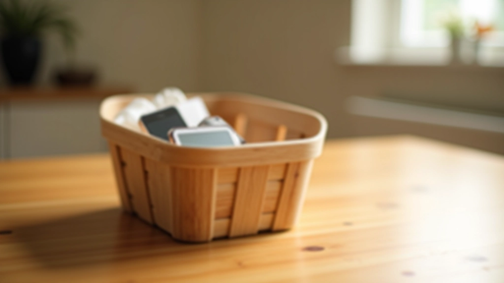 Houten doos met mand op tafel, waar telefoons kunnen worden opgeborgen